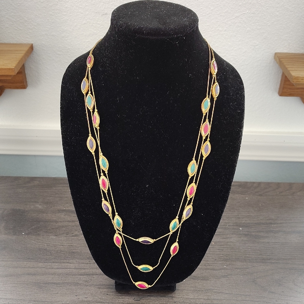 3 Strand Gold And Multicolored Necklace. 30 Inches.